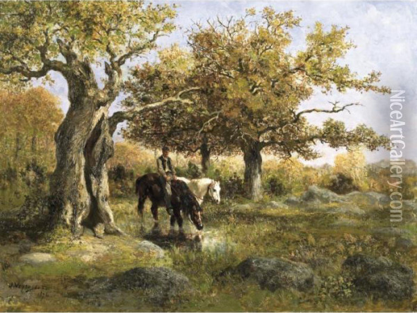 Horses Watering Oil Painting - Jules Jacques Veyrassat