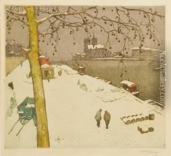 Barges On The Seine In Winter Oil Painting - Tavik Frantisek Simon