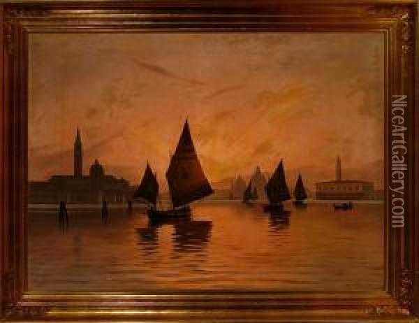 Canal Scenery From Venice In The Sunset Oil Painting - Alfred Theodor Olsen