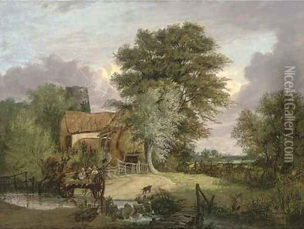 A wooded landscape with figures in a cart crossing a ford, a cottage and ruined tower beyond Oil Painting - Alfred Stannard