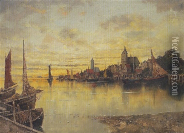 Blick Auf Eine Hafenstadt An Der Ostsee Oil Painting - Karl Heffner