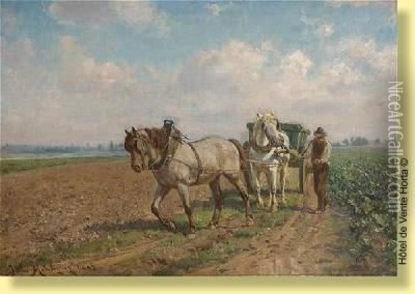Chariot Attele En Bordure De Champs Oil Painting - Jules Montigny