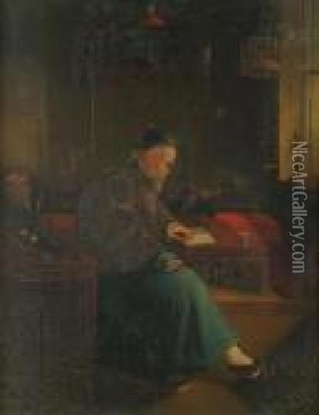 A Chinese Man Reading In A Interior Oil Painting - George Chinnery