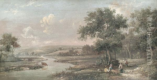 Figures By A River With Cattle Watering, An Extensive Pastoral Landscape Beyond Oil Painting - Walter Williams