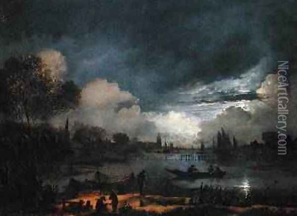 A Moonlit River Landscape Oil Painting - Aert van der Neer