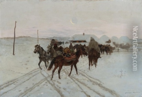 Cavaliers Dans La Neige Oil Painting - Antoni Piotrowski