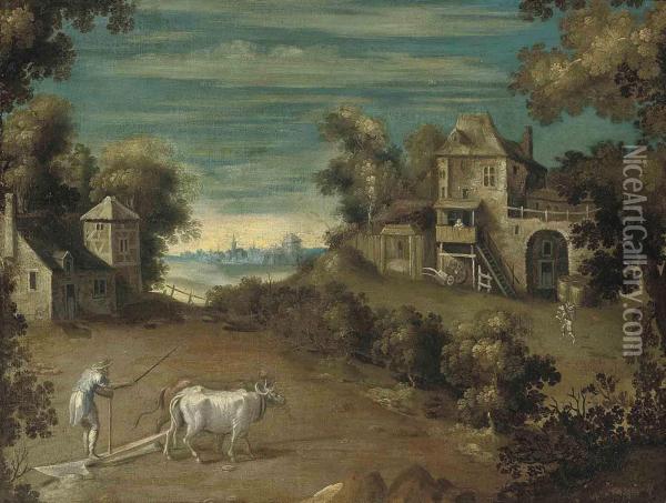 An Extensive Landscape With A Farmer And His Oxen Ploughing A
Field Oil Painting - Nicolo Dell' Abate