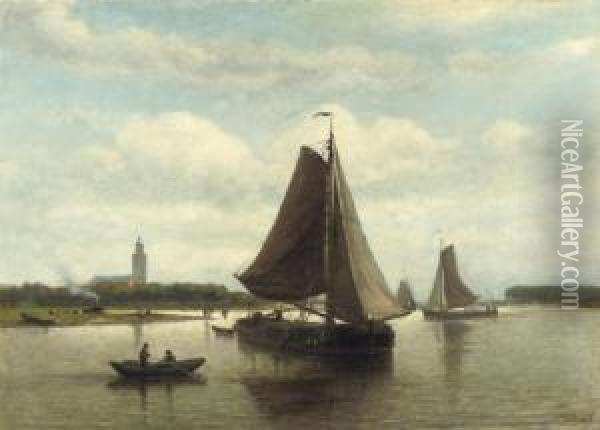 Shipping On A Calm, A Village Beyond Oil Painting - Johan Adolph Rust