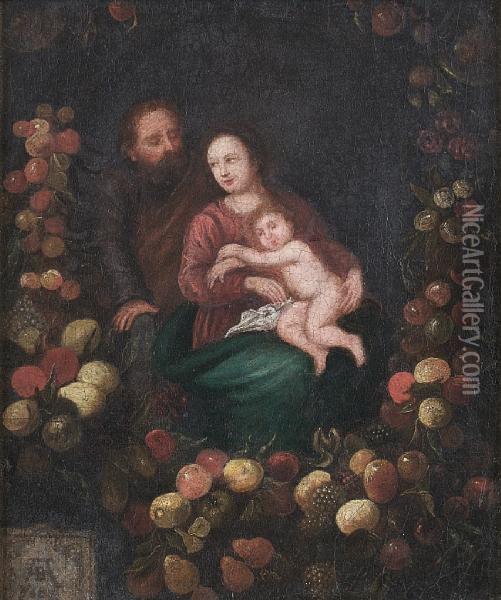 The Holy Family, Within A Garland Offruit Oil Painting - Andries Daniels