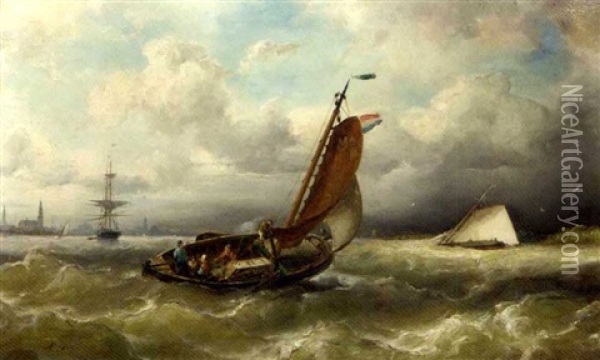 A Barge From Amsterdam On The Ij, Amsterdam In The Distance Oil Painting - Nicolaas Riegen