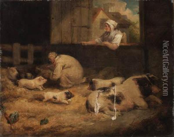 Tending The Piglets Oil Painting - James Ward