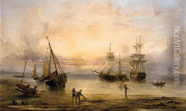 Fishermen Dragging In The Nets At Sunset Oil Painting - Henry Redmore