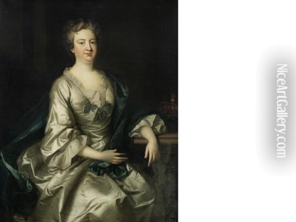 Portrait Of A Lady, Said To Be Queen Caroline Of Brandenburg-ansbach, Three-quarter-length, Seated In A Cream Satin Dress Oil Painting - Joseph Highmore