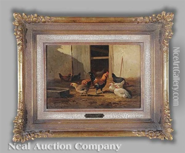 Rooster And Hens In The Barnyard Oil Painting - Cornelis van Leemputten