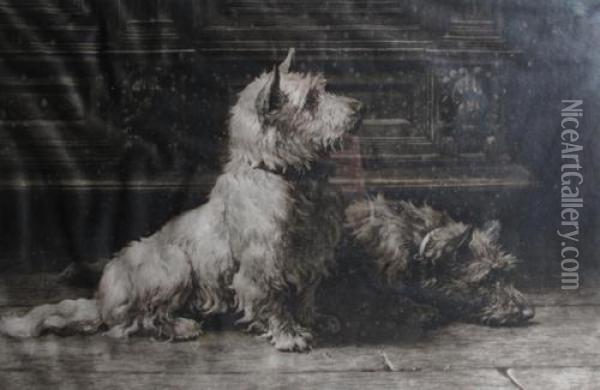 A West Highland And A Scottish Terrier Oil Painting - Herbert Thomas Dicksee