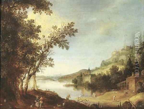 An extensive river landscape with travellers by a road, a castle beyond Oil Painting - Claes Dircksz. Van Der Heck