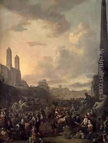 Capriccio View of Rome with a Market by Berninis Four Rivers Fountain, Santa Trinita dei Monti St Francesca Romana and the Arch of Titus beyond Oil Painting - Johannes Lingelbach
