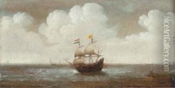 A Dutch Frigate In Choppy Waters And A Man Fishing On Theshore Oil Painting - Cornelis Verbeeck