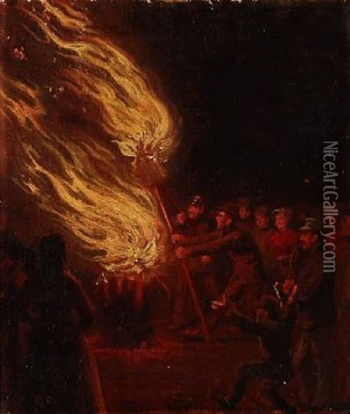 People Around A Bonfire At St. John's Eve Oil Painting - Rasmus Christiansen