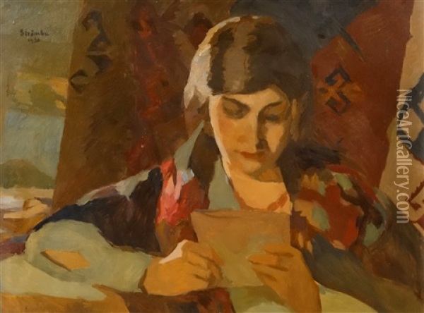 Woman Reading Oil Painting - Ipolit Strambulescu (Strambu)