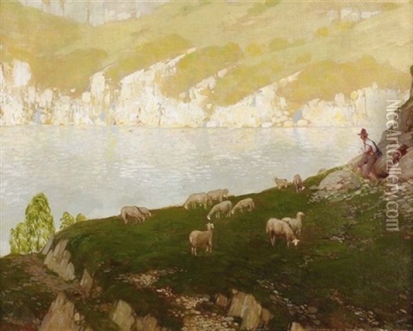 Schaferszene An Einem Bergsee Oil Painting - Johann (Jan) Klepinski