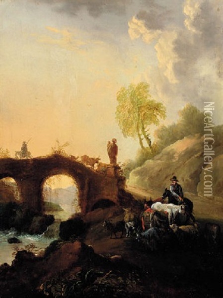An Italianate River Landscape With Shepherds On A Bridge Oil Painting - Philip James de Loutherbourg