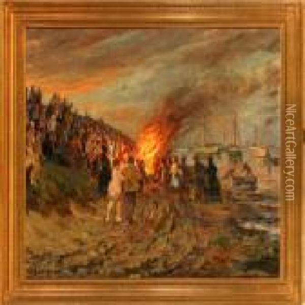 Men And Women Around Abonfire Oil Painting - Heinrich Dohm