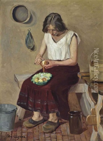 Peeling Potatoes Oil Painting - Christian Aigens