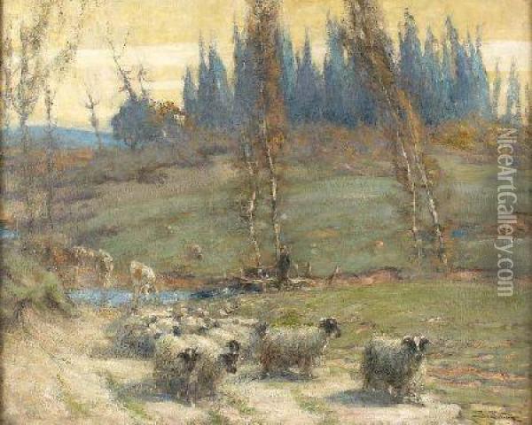 Sheep And Goats By A Stream Oil Painting - George Smith