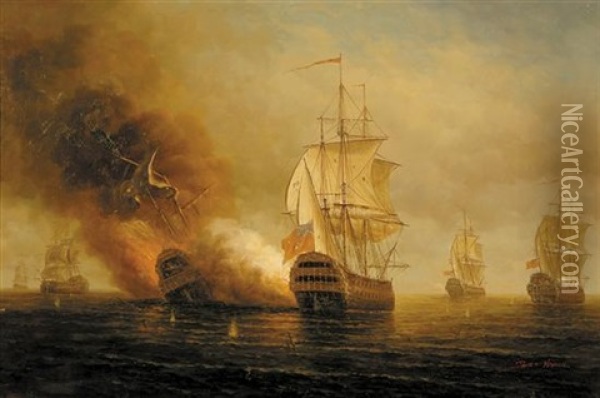 Galleon At Battle Oil Painting - James Hardy Sr.