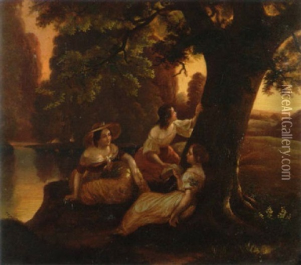 A Summer Evening Oil Painting - Henry Andrews