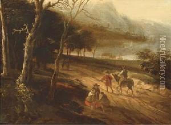 A River Landscape With Travellers On A Road Oil Painting - Lodewijk De Vadder