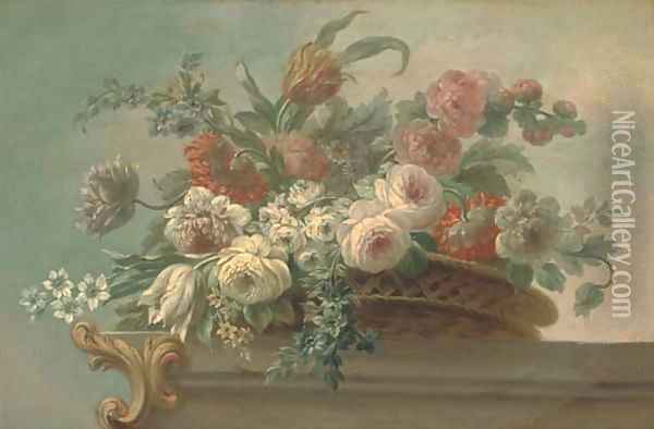 Summer flowers, including tulips, poppies and peonies, in a wicker basket, on a stone ledge Oil Painting - Jacob Bogdani