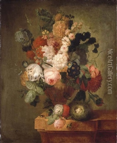 Roses, Carnations, A Tulip And Other Flowers In A Sculpted Urn With A Bird's Nest On A Marble Ledge Oil Painting - Pieter Faes