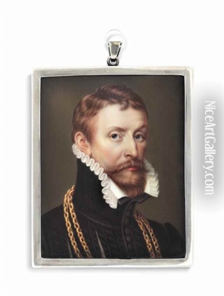 A Gentleman, Formerly Called A Self-portrait Of Sir Antonis Mor (c. 1517-1577), In Black Doublet, Slashed To Reveal White, White Ruff Collar, Wearing Gold Chains Oil Painting - Henry-Pierce Bone