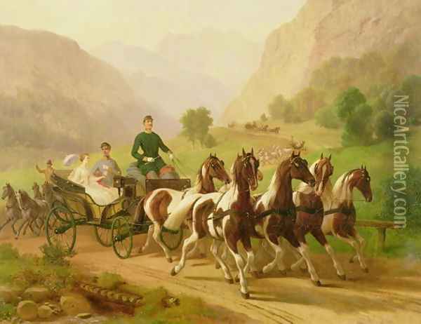 Emperor Franz Joseph I of Austria, being driven in his carriage with his wife Elizabeth of Bavaria in Bad Ischl, 1855 Oil Painting - Anonymous Artist