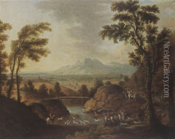 A Hilly River Landscape  With A Stag Hunt Oil Painting - Johann Christian Fiedler
