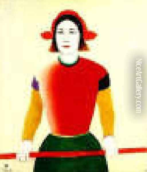 A Girl With A Red Pole Oil Painting - Kazimir Severinovich Malevich