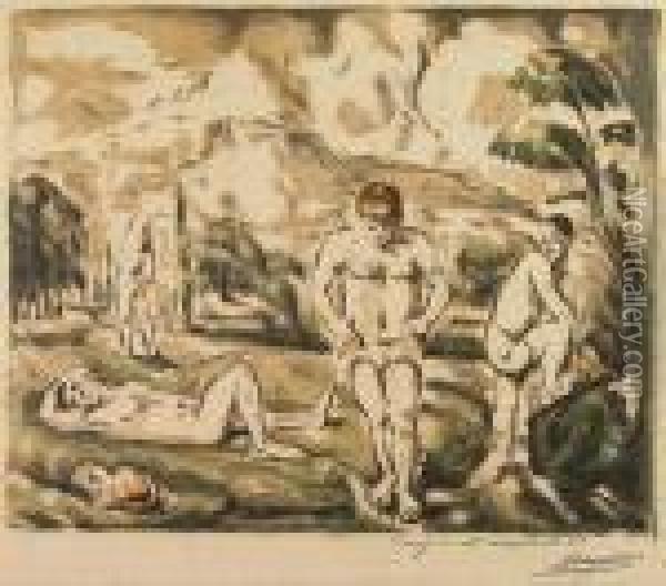Les Baigneurs (grande Planche)<</b> Oil Painting - Paul Cezanne