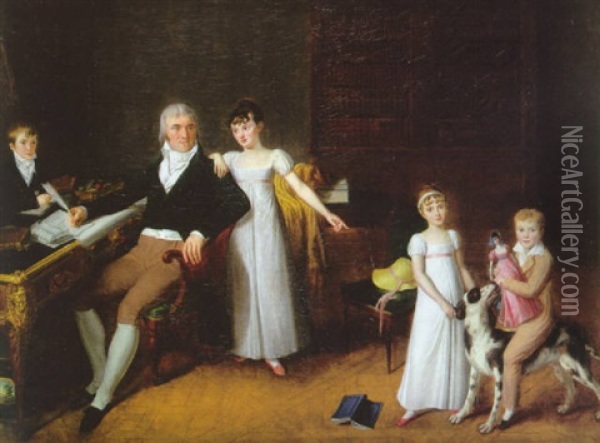Portrait Presume De La Famille De Rosanbo Dans Un Interieur Oil Painting - Jean-Claude Naigeon