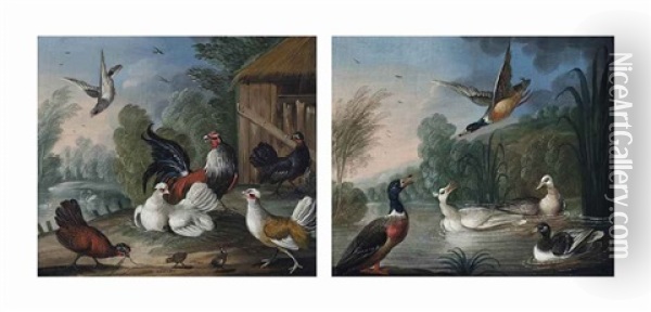 Mallard And Geese By A Pond (+ A Cockerel And Chickens By A Barn In A Landscape; Pair) Oil Painting - Marmaduke Cradock