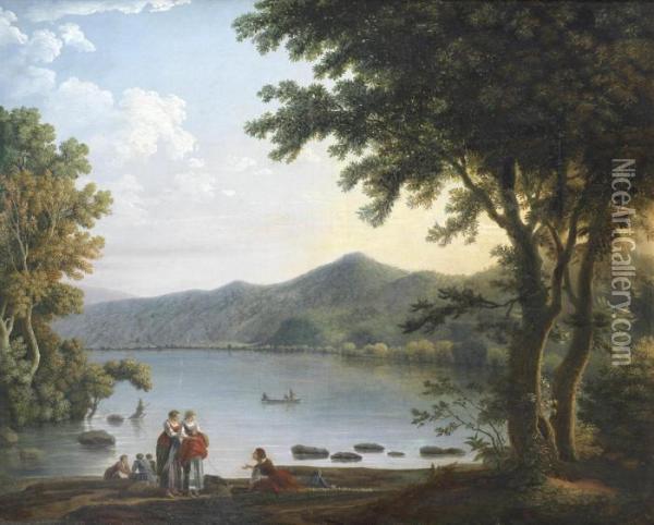 Washerwomen Conversing Before A Lake In An Italianate Landscape Oil Painting - Carlo Labruzzi