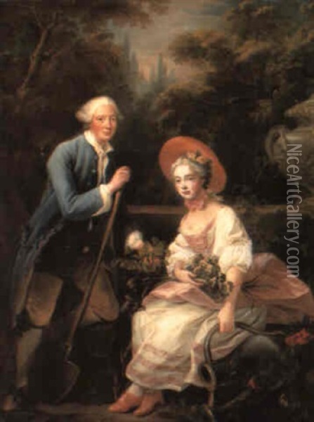 Portrait Of The Prince And Princess De Conde As Gardeners Oil Painting - Francois Hubert Drouais