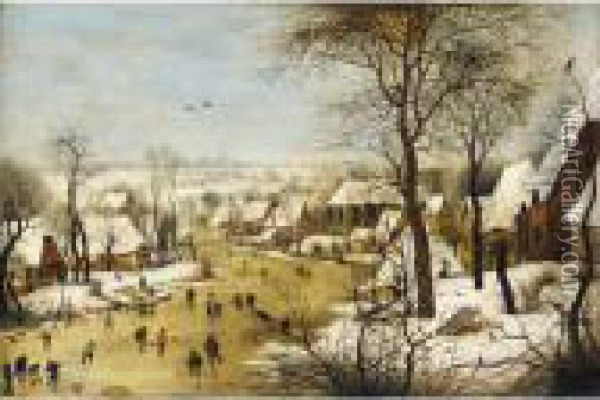 Winter Landscape With Skaters And A Bird-trap Oil Painting - Jan Brueghel the Younger