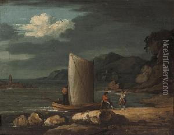 Fishermen Gossiping On The Foreshore Oil Painting - Robert Salmon
