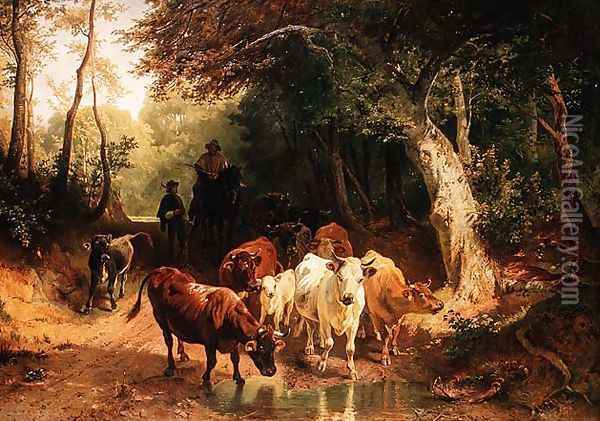 Cattle watering in a wooded landscape Oil Painting - Friedrich Johann Voltz