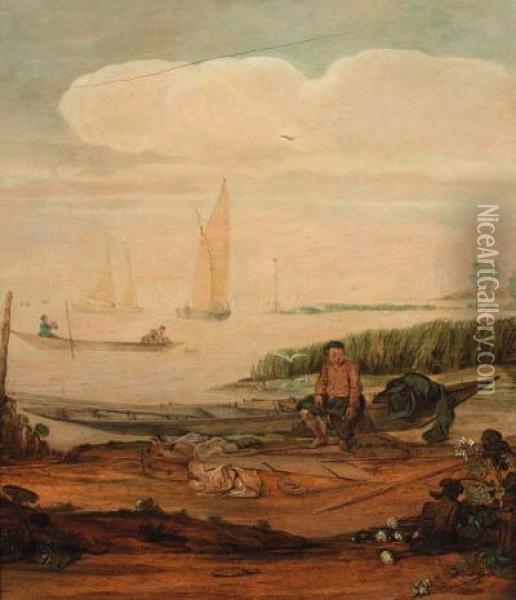A River Landscape With A Fisherboy Mending A Net Seated On A Punton The Shoreline, Other Shipping Beyond Oil Painting - Arentsz van der Cabel