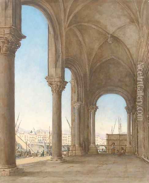 A loggia by the harbour of an Italian town Oil Painting - Continental School