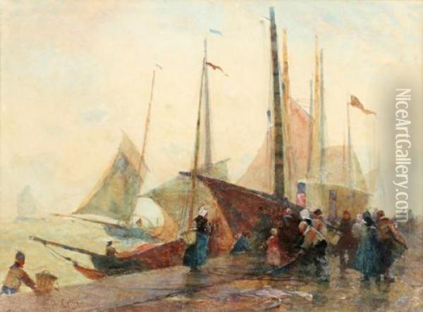 Figures On A Quayside Oil Painting - Hector Caffieri