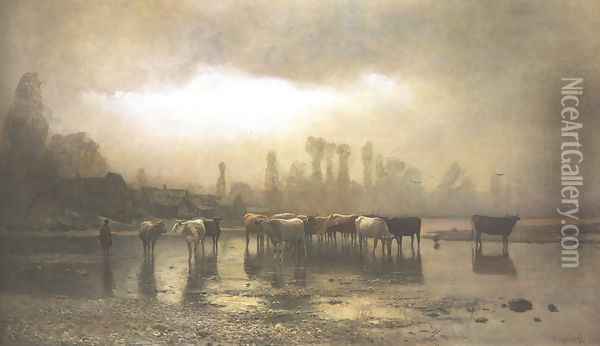Watering c. 1880 Oil Painting - Laszlo Mednyanszky